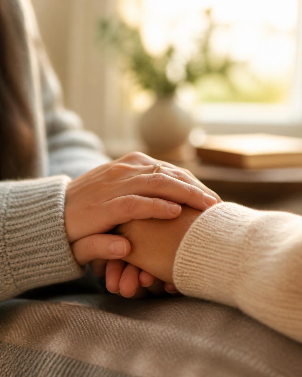 Two women's hands gently clasped in support