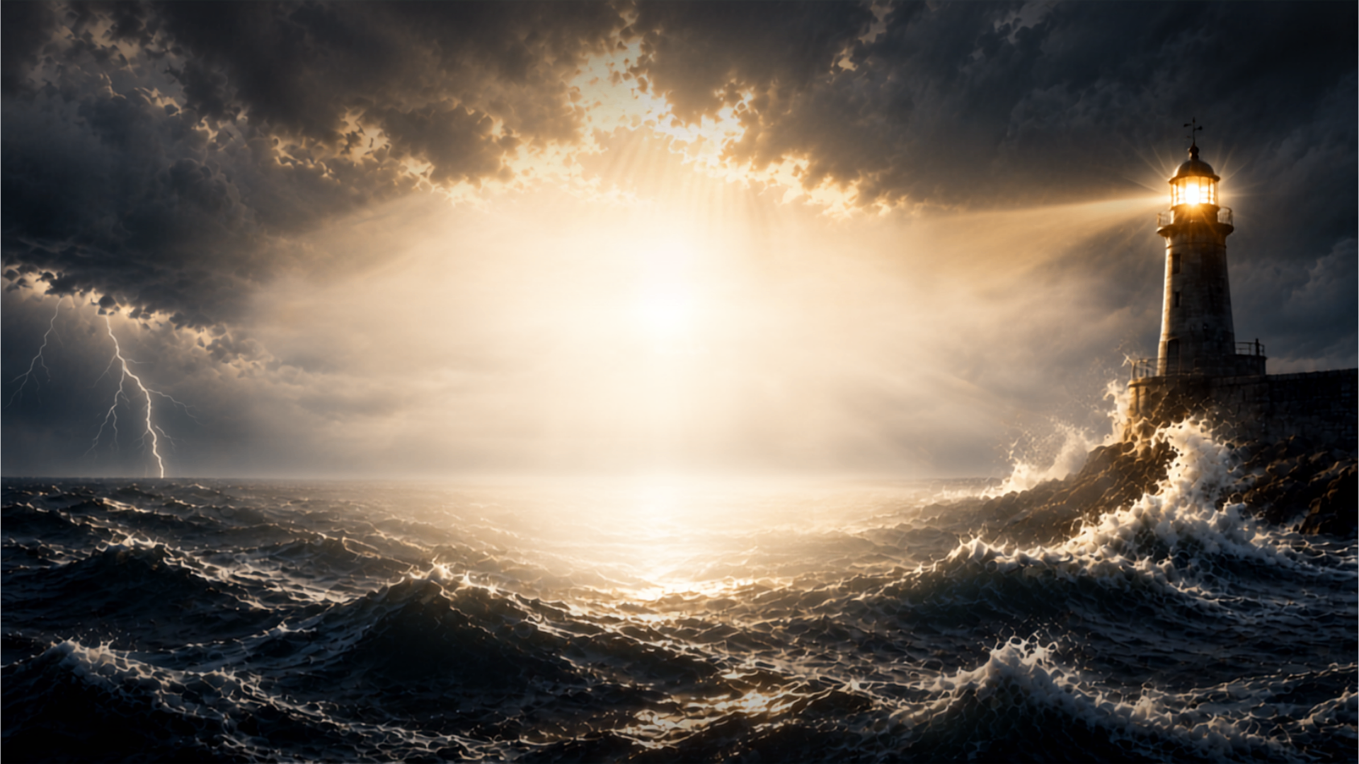 Lighthouse standing strong through a storm with golden light breaking through